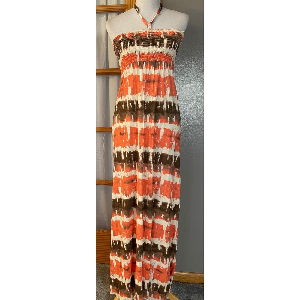90s Mudd Womens Maxi Dress Orange Brown Tie Dye Smocked Halter Size M
